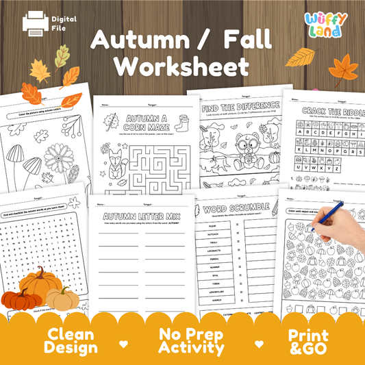 Printable autumn and fall worksheets for kids featuring mazes, word games, coloring, puzzles and seasonal learning activities