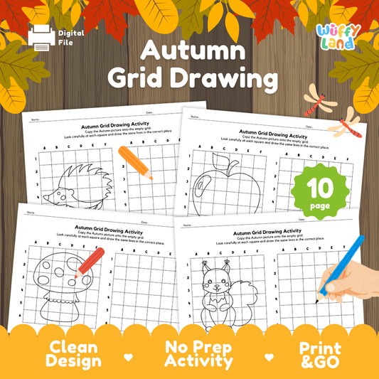 Printable autumn grid drawing worksheets for kids featuring fall animals, apples and seasonal pictures to copy square by square