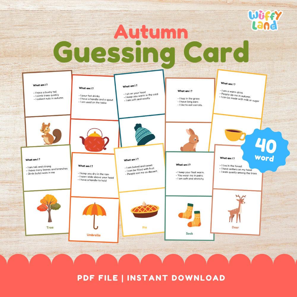 Autumn guessing card cover showing 40 word fall riddles what am I flashcards with squirrel teapot pie umbrella and deer illustrations