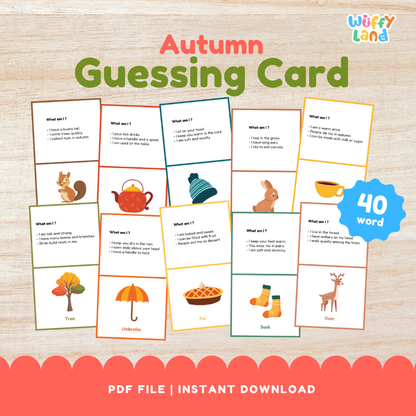 Autumn guessing card cover showing 40 word fall riddles what am I flashcards with squirrel teapot pie umbrella and deer illustrations