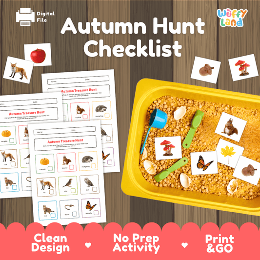 Autumn hunt checklist printable fall scavenger hunt and sensory bin activity pack overview from Wuffy Land featuring checklists and cards 🍂🍄