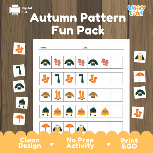 Autumn pattern fun pack printable fall clothing sequencing and logic activity pack overview from Wuffy Land 🍂🧣