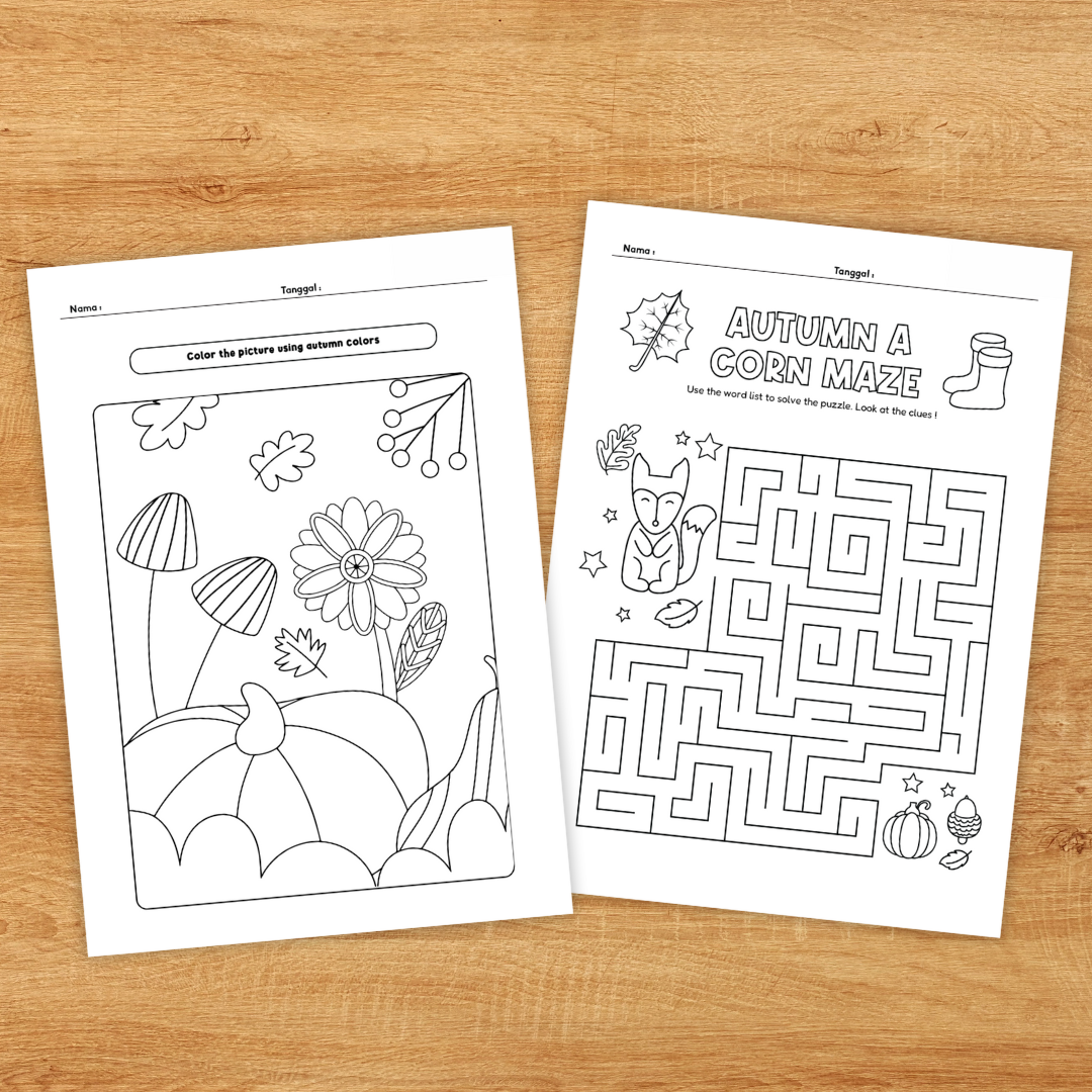 Autumn printable worksheets and activities featuring fall leaves, pumpkins, word puzzles, mazes and matching activities