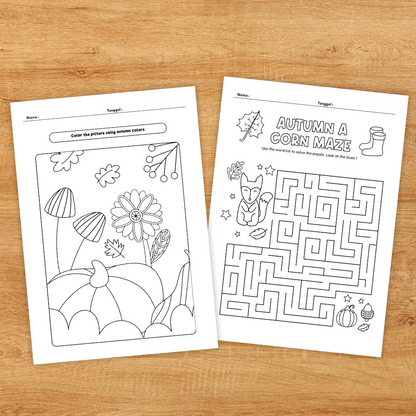 Autumn printable worksheets and activities featuring fall leaves, pumpkins, word puzzles, mazes and matching activities
