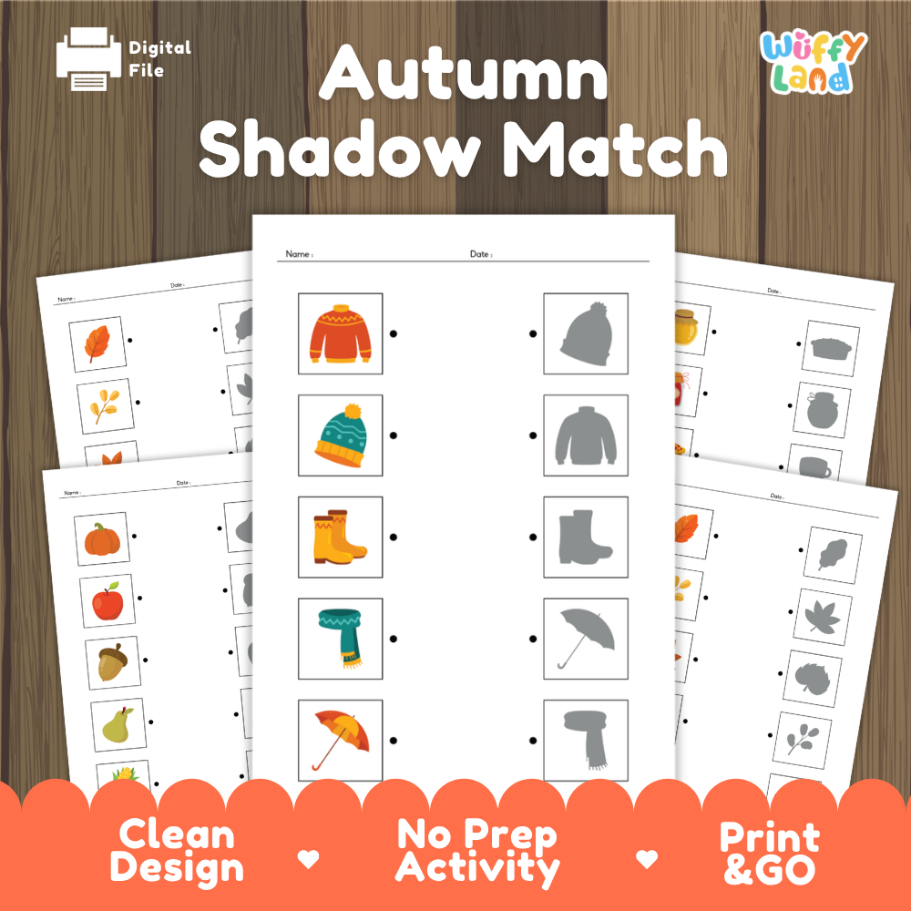 Autumn shadow match cover showing printable line matching worksheets with fall clothing harvest fruits and leaf silhouettes