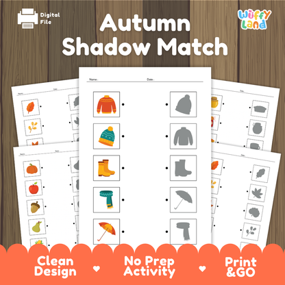 Autumn shadow match cover showing printable line matching worksheets with fall clothing harvest fruits and leaf silhouettes