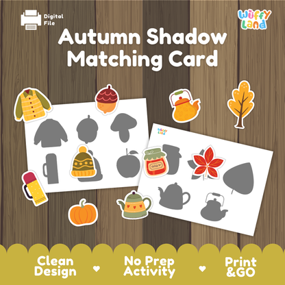 Autumn shadow matching card cover showing silhouette activity mats with matching colorful fall cutouts including pumpkin teapot and autumn leaves