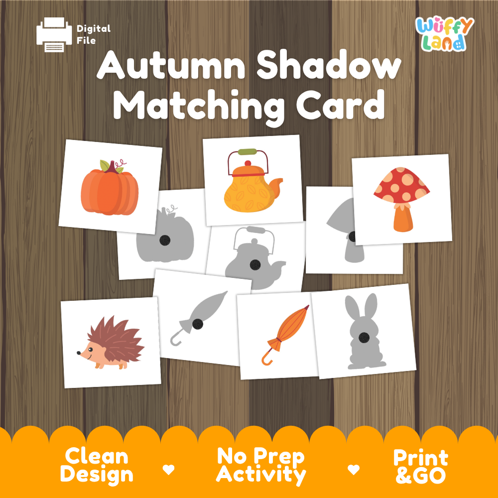 Autumn shadow matching card cover showing pairs of color picture cards and grey silhouette cards including pumpkin kettle mushroom and hedgehog