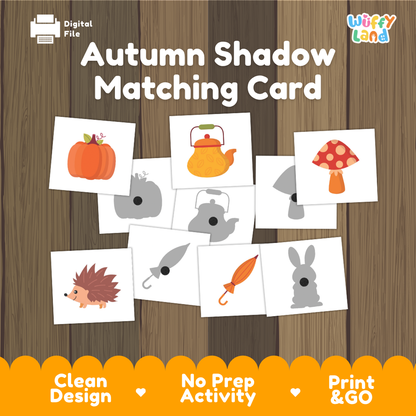 Autumn shadow matching card cover showing pairs of color picture cards and grey silhouette cards including pumpkin kettle mushroom and hedgehog