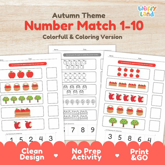 Autumn theme apple number match 1 to 10 printable cut and paste worksheets overview from Wuffy Land in color and coloring versions 🍎🔢