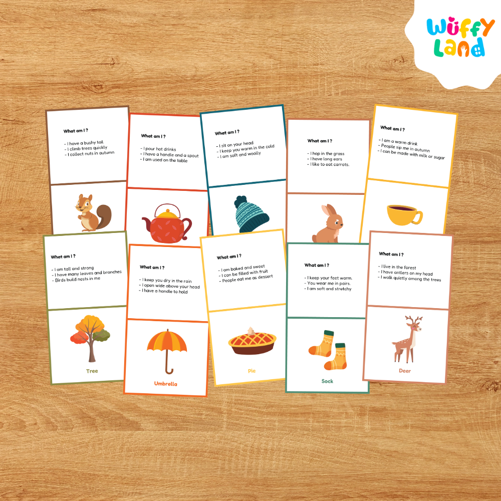 Autumn guessing flashcards showing squirrel beanie rabbit warm drink and teapot clues and picture answer tiles