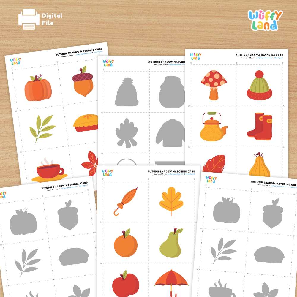 Autumn shadow matching cards featuring hedgehog and rabbit paired with their grey silhouette cards