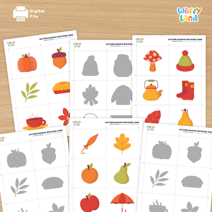 Autumn shadow matching cards featuring hedgehog and rabbit paired with their grey silhouette cards