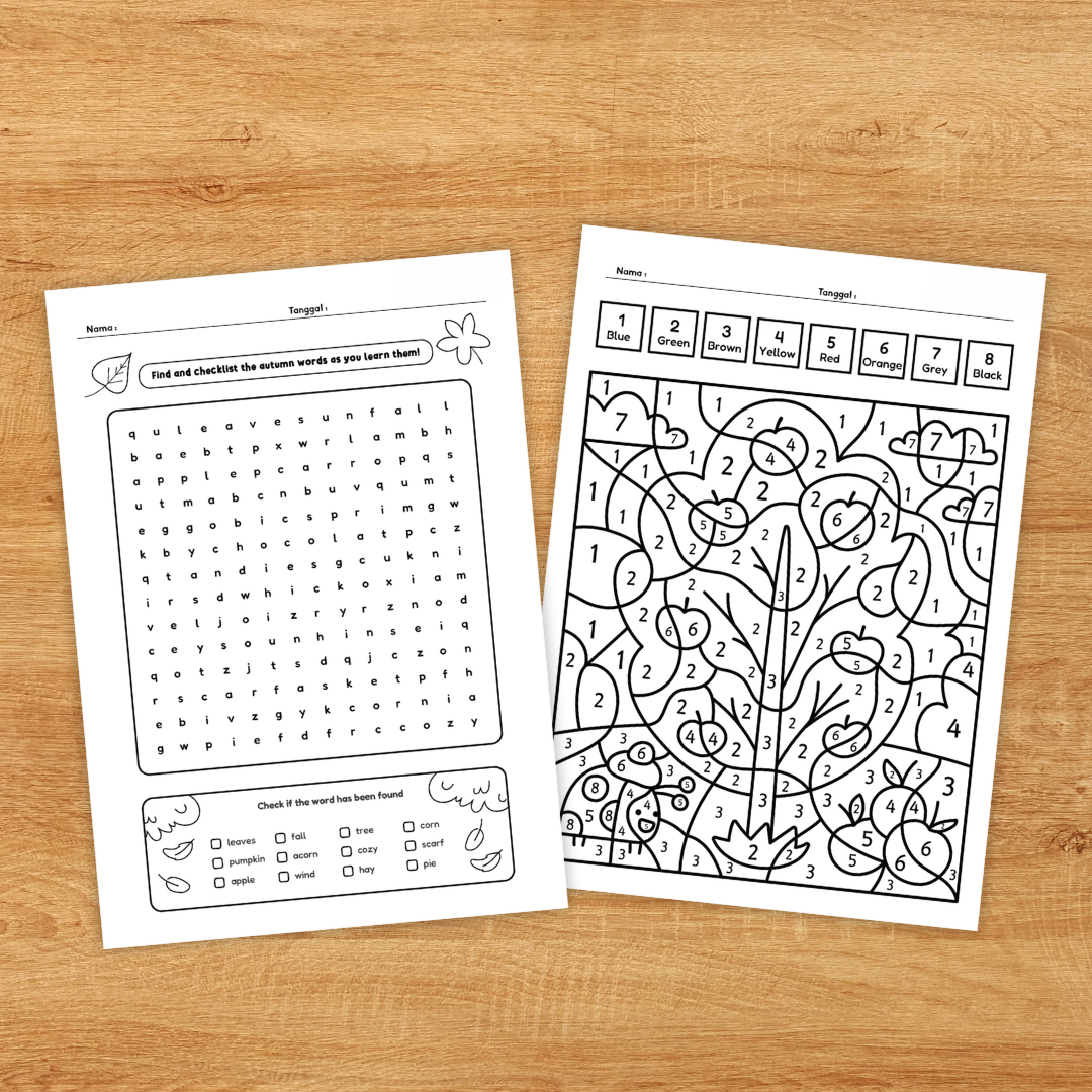 Autumn worksheets for preschool and kindergarten featuring fun seasonal coloring, matching, maze and vocabulary activities