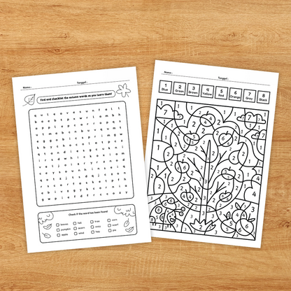 Autumn worksheets for preschool and kindergarten featuring fun seasonal coloring, matching, maze and vocabulary activities