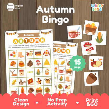 Autumn Bingo Game Cards and Calling Cards Activity Worksheets