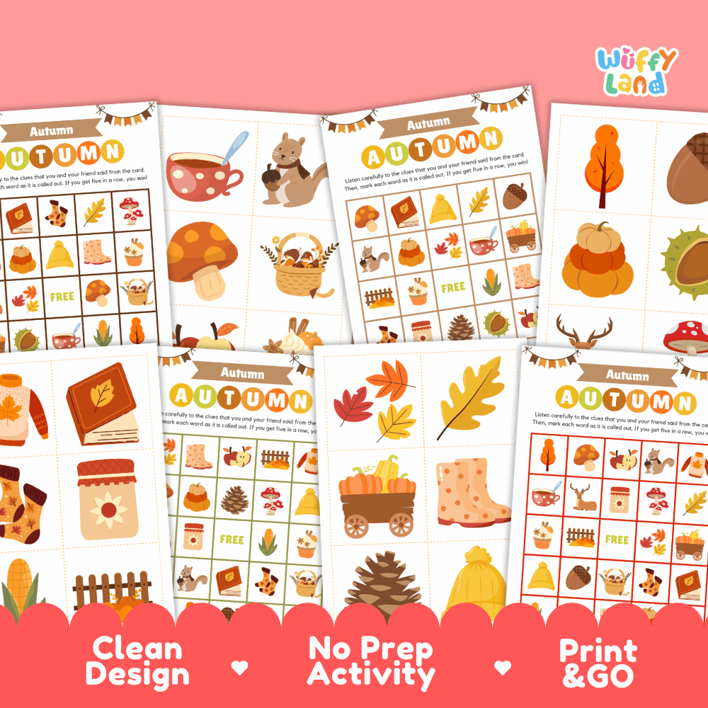 Autumn Bingo Game Cards and Calling Cards Activity Worksheets