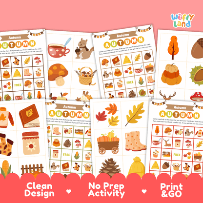 Autumn Bingo Game Cards and Calling Cards Activity Worksheets