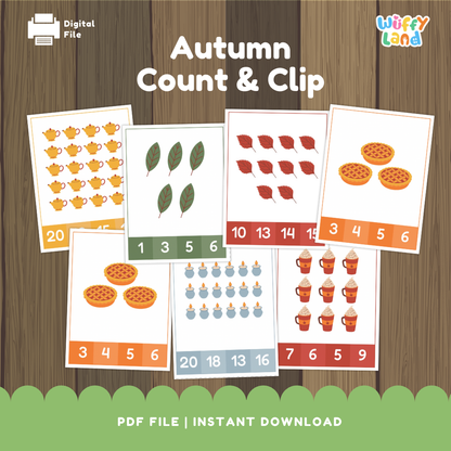A set of colorful “Autumn Count & Clip” cards displayed on a wooden background. Each card features fall-themed objects like teapots, leaves, pies, candles, and mugs of hot cocoa. Numbers are shown at the bottom for children to clip or mark the correct count of items. Designed for preschool and kindergarten counting practice with cozy autumn visuals