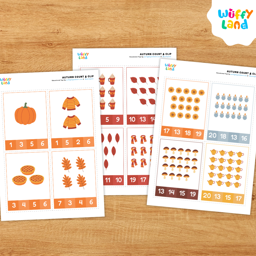 A set of colorful “Autumn Count & Clip” cards displayed on a wooden background. Each card features fall-themed objects like teapots, leaves, pies, candles, and mugs of hot cocoa. Numbers are shown at the bottom for children to clip or mark the correct count of items. Designed for preschool and kindergarten counting practice with cozy autumn visuals