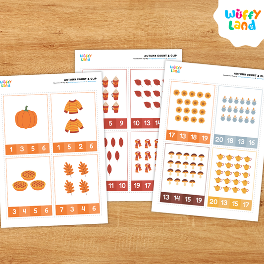 A set of colorful “Autumn Count & Clip” cards displayed on a wooden background. Each card features fall-themed objects like teapots, leaves, pies, candles, and mugs of hot cocoa. Numbers are shown at the bottom for children to clip or mark the correct count of items. Designed for preschool and kindergarten counting practice with cozy autumn visuals