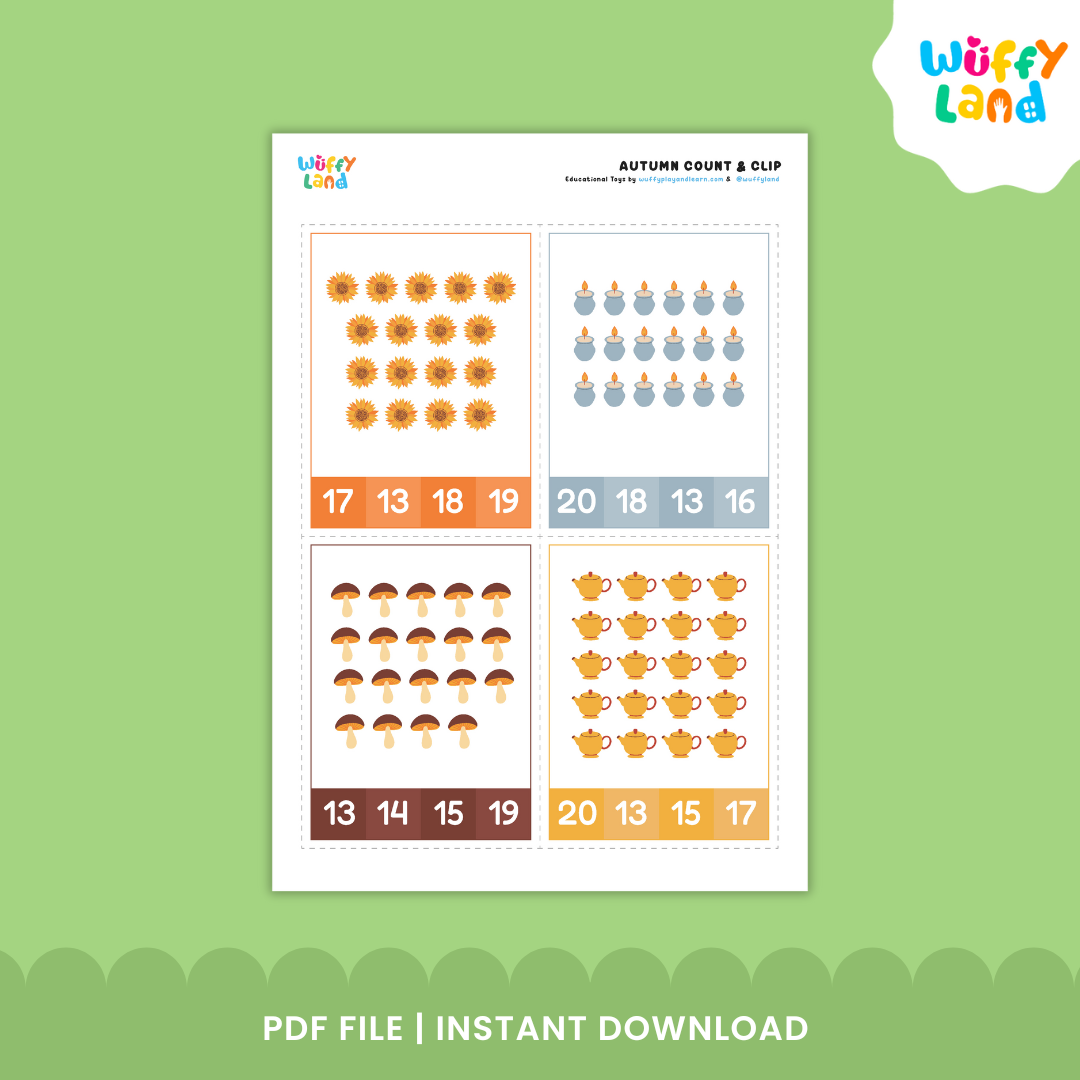 A set of colorful “Autumn Count & Clip” cards displayed on a wooden background. Each card features fall-themed objects like teapots, leaves, pies, candles, and mugs of hot cocoa. Numbers are shown at the bottom for children to clip or mark the correct count of items. Designed for preschool and kindergarten counting practice with cozy autumn visuals