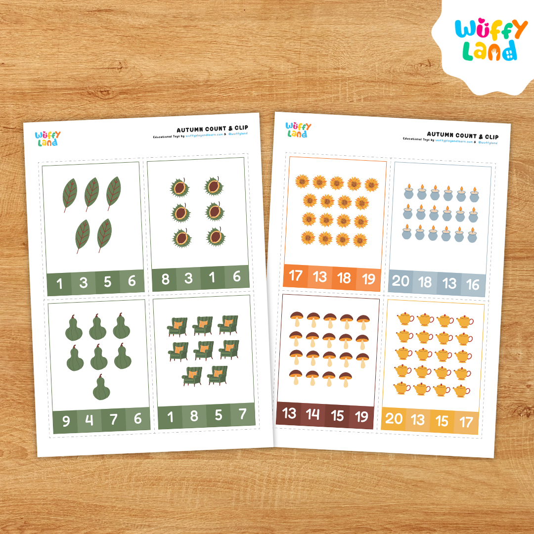 A set of colorful “Autumn Count & Clip” cards displayed on a wooden background. Each card features fall-themed objects like teapots, leaves, pies, candles, and mugs of hot cocoa. Numbers are shown at the bottom for children to clip or mark the correct count of items. Designed for preschool and kindergarten counting practice with cozy autumn visuals