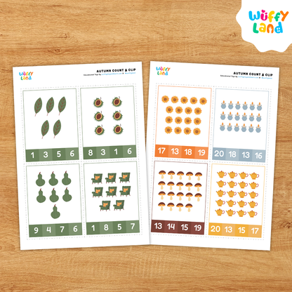 A set of colorful “Autumn Count & Clip” cards displayed on a wooden background. Each card features fall-themed objects like teapots, leaves, pies, candles, and mugs of hot cocoa. Numbers are shown at the bottom for children to clip or mark the correct count of items. Designed for preschool and kindergarten counting practice with cozy autumn visuals