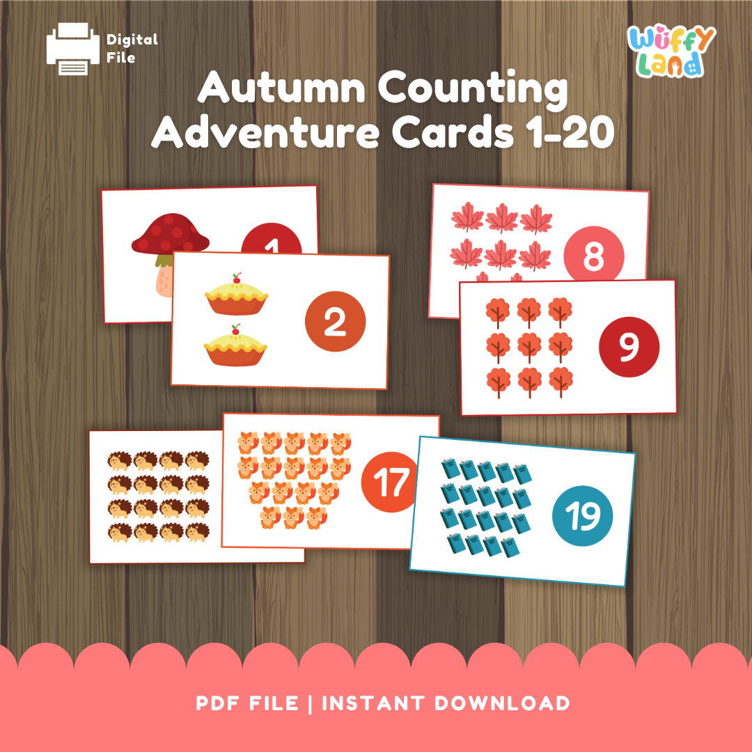 Set of printable counting cards on a wood background featuring autumn icons—mushroom, apple pies, leaves, trees, hedgehogs, foxes, and books. Each card shows a group of items with a large numeral in a colored circle (e.g., 1, 2, 8, 9, 17, 19), designed to practice counting numbers 1–20.
