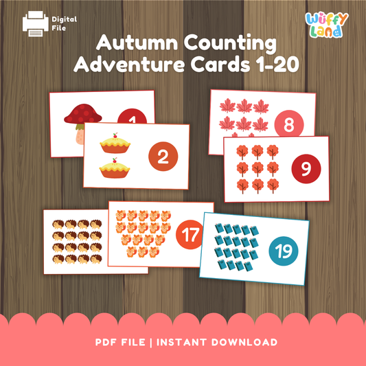 Set of printable counting cards on a wood background featuring autumn icons—mushroom, apple pies, leaves, trees, hedgehogs, foxes, and books. Each card shows a group of items with a large numeral in a colored circle (e.g., 1, 2, 8, 9, 17, 19), designed to practice counting numbers 1–20.