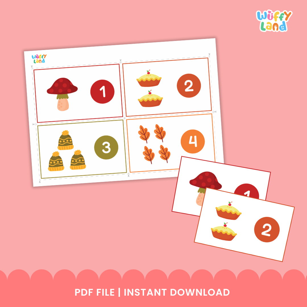 Set of printable counting cards on a wood background featuring autumn icons—mushroom, apple pies, leaves, trees, hedgehogs, foxes, and books. Each card shows a group of items with a large numeral in a colored circle (e.g., 1, 2, 8, 9, 17, 19), designed to practice counting numbers 1–20.