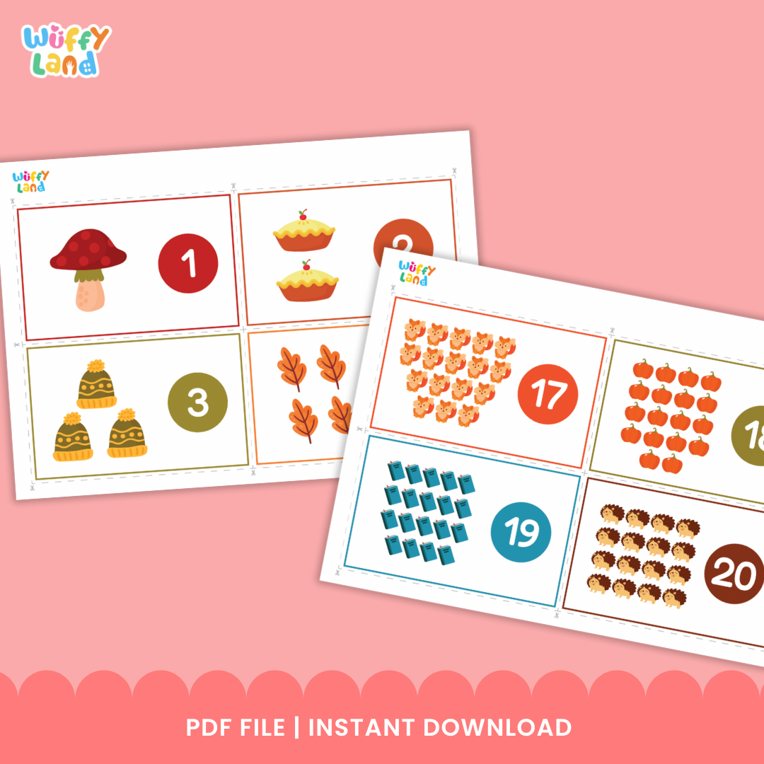 Set of printable counting cards on a wood background featuring autumn icons—mushroom, apple pies, leaves, trees, hedgehogs, foxes, and books. Each card shows a group of items with a large numeral in a colored circle (e.g., 1, 2, 8, 9, 17, 19), designed to practice counting numbers 1–20.