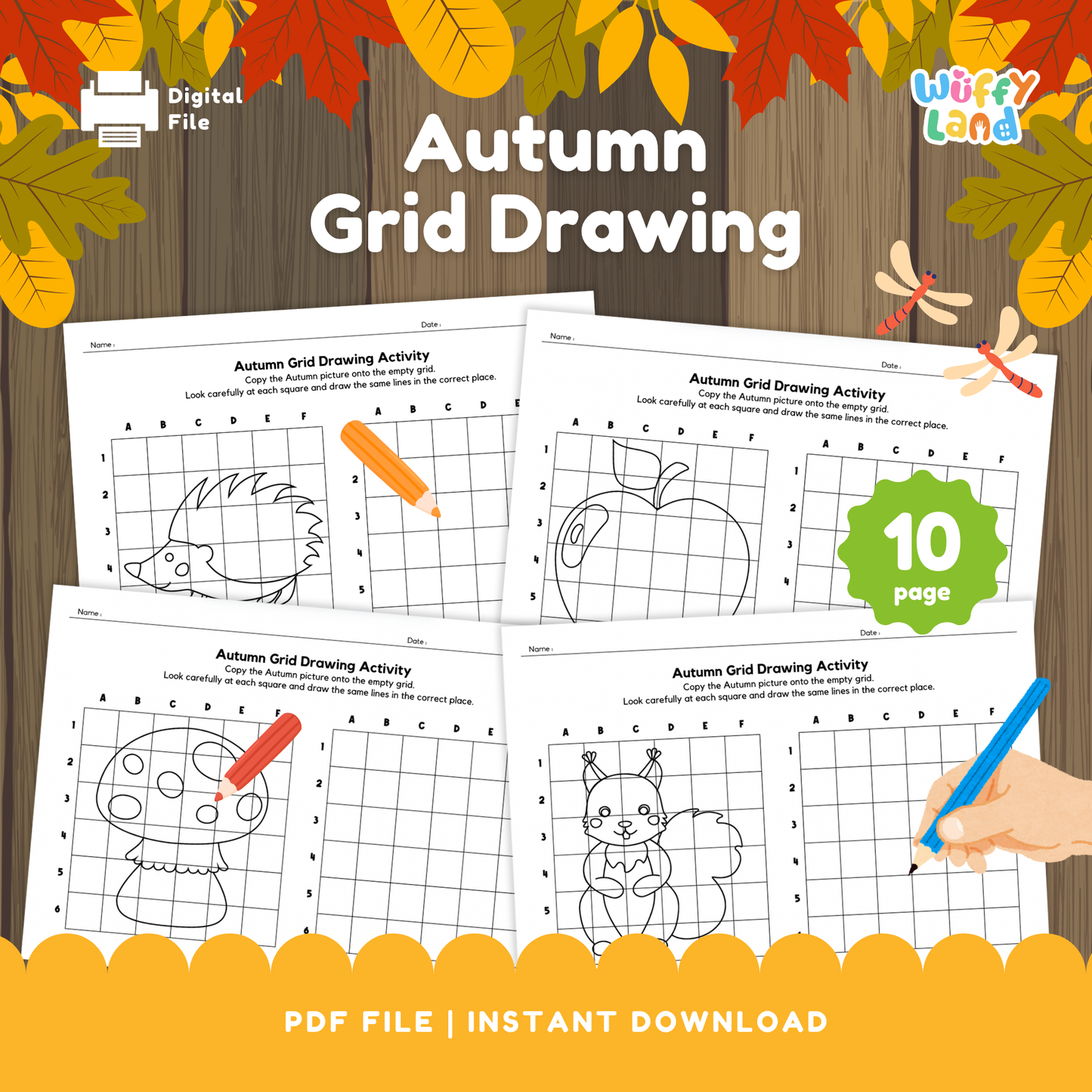 Set of autumn grid drawing worksheets showing cute fall images like a hedgehog, apple, mushroom, and squirrel. Each page has a picture on one grid and an empty grid for children to copy the drawing square by square. A green badge notes “10 page,” and the sheets are designed for seasonal art and fine-motor practice