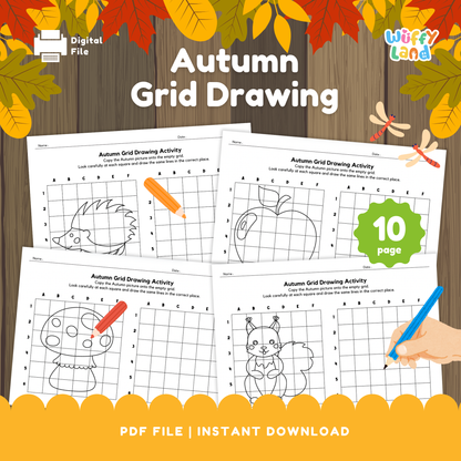 Set of autumn grid drawing worksheets showing cute fall images like a hedgehog, apple, mushroom, and squirrel. Each page has a picture on one grid and an empty grid for children to copy the drawing square by square. A green badge notes “10 page,” and the sheets are designed for seasonal art and fine-motor practice