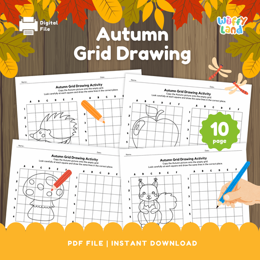 Set of autumn grid drawing worksheets showing cute fall images like a hedgehog, apple, mushroom, and squirrel. Each page has a picture on one grid and an empty grid for children to copy the drawing square by square. A green badge notes “10 page,” and the sheets are designed for seasonal art and fine-motor practice
