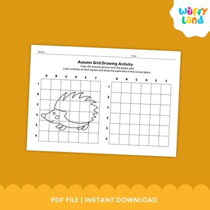 Set of autumn grid drawing worksheets showing cute fall images like a hedgehog, apple, mushroom, and squirrel. Each page has a picture on one grid and an empty grid for children to copy the drawing square by square. A green badge notes “10 page,” and the sheets are designed for seasonal art and fine-motor practice