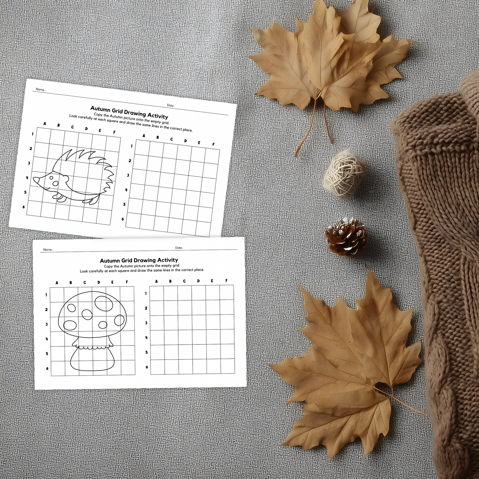 Set of autumn grid drawing worksheets showing cute fall images like a hedgehog, apple, mushroom, and squirrel. Each page has a picture on one grid and an empty grid for children to copy the drawing square by square. A green badge notes “10 page,” and the sheets are designed for seasonal art and fine-motor practice