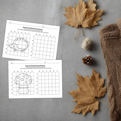 Set of autumn grid drawing worksheets showing cute fall images like a hedgehog, apple, mushroom, and squirrel. Each page has a picture on one grid and an empty grid for children to copy the drawing square by square. A green badge notes “10 page,” and the sheets are designed for seasonal art and fine-motor practice