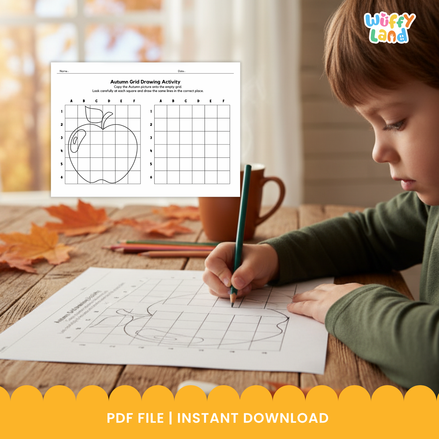 Set of autumn grid drawing worksheets showing cute fall images like a hedgehog, apple, mushroom, and squirrel. Each page has a picture on one grid and an empty grid for children to copy the drawing square by square. A green badge notes “10 page,” and the sheets are designed for seasonal art and fine-motor practice