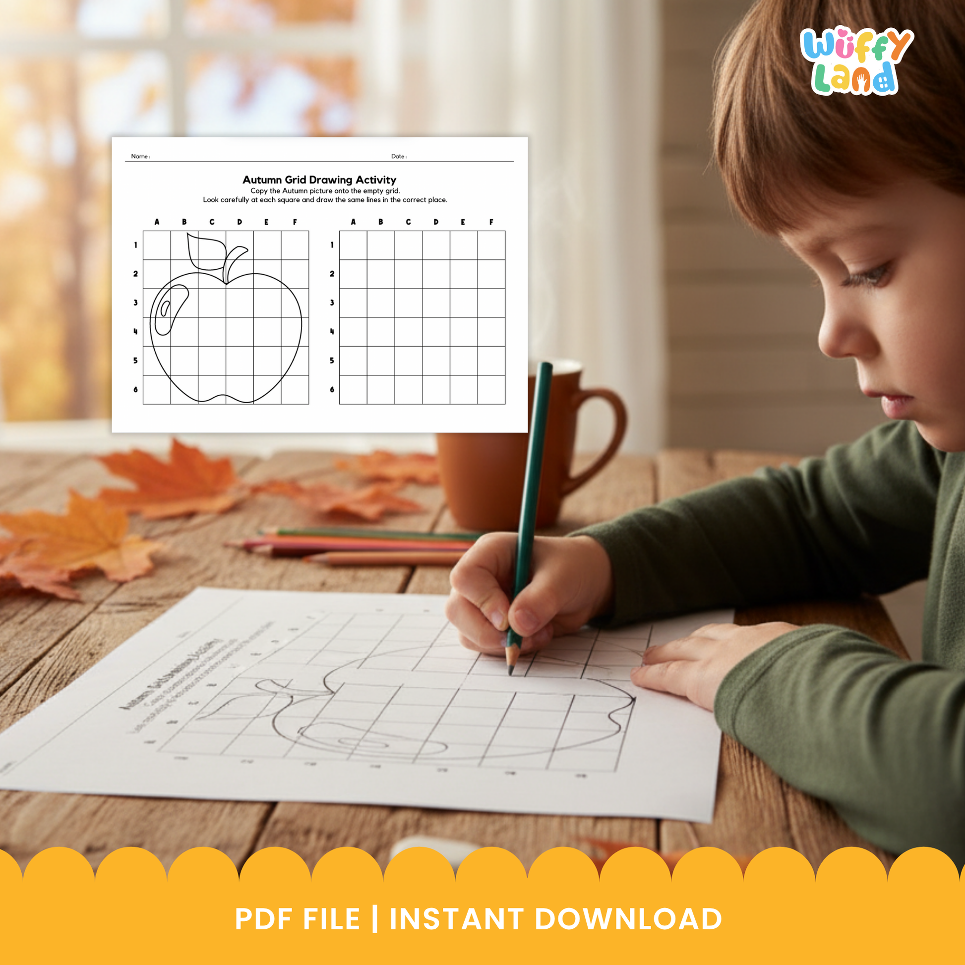 Set of autumn grid drawing worksheets showing cute fall images like a hedgehog, apple, mushroom, and squirrel. Each page has a picture on one grid and an empty grid for children to copy the drawing square by square. A green badge notes “10 page,” and the sheets are designed for seasonal art and fine-motor practice