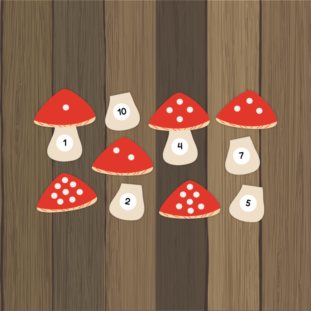 Educational fall-themed activity titled “Autumn Mushroom Number Matching.” The image shows red and white mushroom tops with different numbers of white dots and separate mushroom stems labeled with numbers 1–10. Children match each stem to the correct mushroom cap based on the number of dots. A blue badge reads “10 Images.” The background features a wood texture for a cozy autumn look.