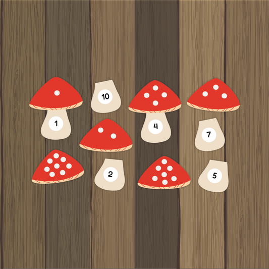 Educational fall-themed activity titled “Autumn Mushroom Number Matching.” The image shows red and white mushroom tops with different numbers of white dots and separate mushroom stems labeled with numbers 1–10. Children match each stem to the correct mushroom cap based on the number of dots. A blue badge reads “10 Images.” The background features a wood texture for a cozy autumn look.