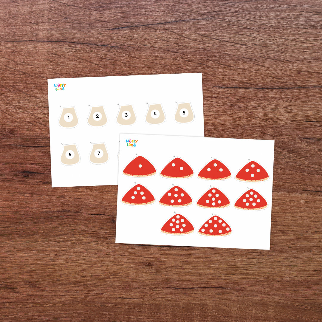 Educational fall-themed activity titled “Autumn Mushroom Number Matching.” The image shows red and white mushroom tops with different numbers of white dots and separate mushroom stems labeled with numbers 1–10. Children match each stem to the correct mushroom cap based on the number of dots. A blue badge reads “10 Images.”