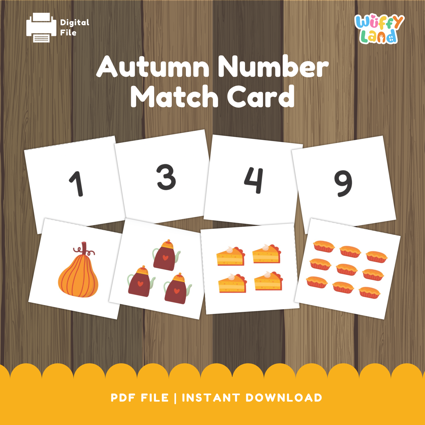 A set of autumn-themed number matching cards displayed on a wooden background. The top row shows number cards labeled 1, 3, 4, and 9, while the bottom row features matching image cards with fall items like pumpkins, teapots, slices of pie, and mini pies in corresponding quantities. Designed for preschool and kindergarten math practice.