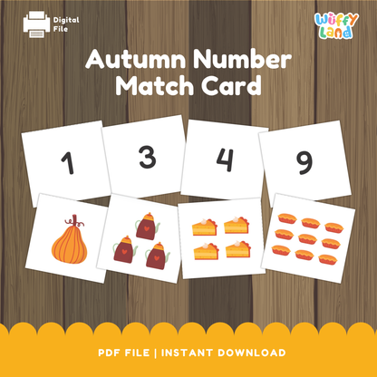 A set of autumn-themed number matching cards displayed on a wooden background. The top row shows number cards labeled 1, 3, 4, and 9, while the bottom row features matching image cards with fall items like pumpkins, teapots, slices of pie, and mini pies in corresponding quantities. Designed for preschool and kindergarten math practice.
