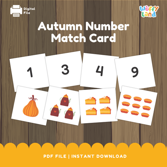A set of autumn-themed number matching cards displayed on a wooden background. The top row shows number cards labeled 1, 3, 4, and 9, while the bottom row features matching image cards with fall items like pumpkins, teapots, slices of pie, and mini pies in corresponding quantities. Designed for preschool and kindergarten math practice.