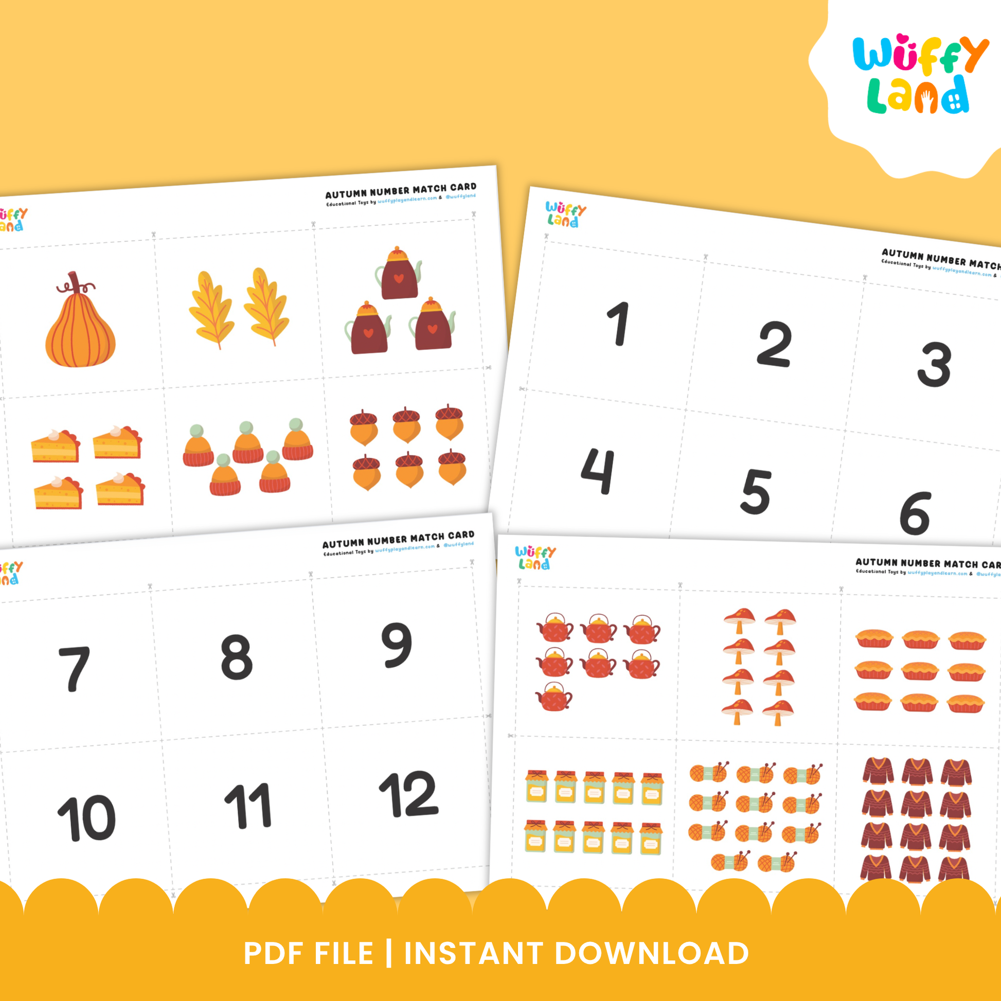 The top row shows number cards labeled 1, 3, 4, and 9, while the bottom row features matching image cards with fall items like pumpkins, teapots, slices of pie, and mini pies in corresponding quantities. Designed for preschool and kindergarten math practice.