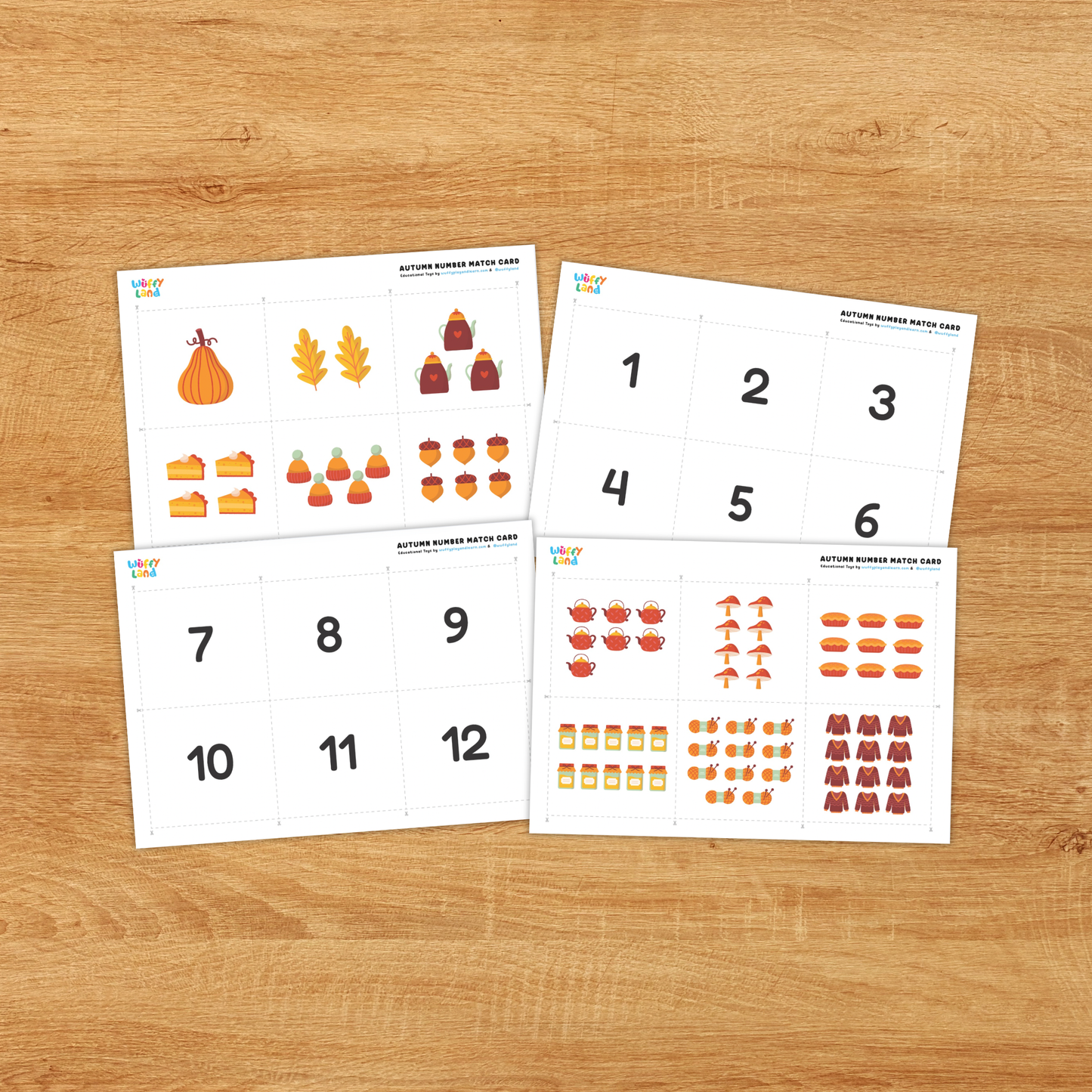 A set of autumn-themed number matching cards displayed on a wooden background. The top row shows number cards labeled 1, 3, 4, and 9, while the bottom row features matching image cards with fall items like pumpkins, teapots, slices of pie, and mini pies in corresponding quantities. Designed for preschool and kindergarten math practice.