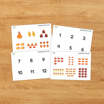 A set of autumn-themed number matching cards displayed on a wooden background. The top row shows number cards labeled 1, 3, 4, and 9, while the bottom row features matching image cards with fall items like pumpkins, teapots, slices of pie, and mini pies in corresponding quantities. Designed for preschool and kindergarten math practice.