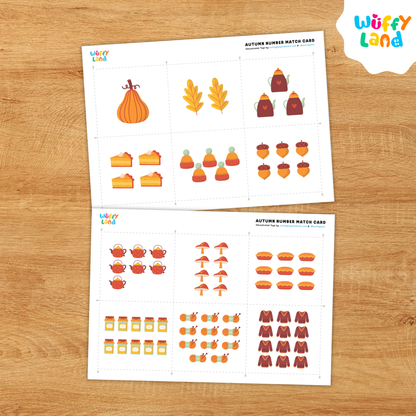 A set of autumn-themed number matching cards displayed on a wooden background. The top row shows number cards labeled 1, 3, 4, and 9, while the bottom row features matching image cards with fall items like pumpkins, teapots, slices of pie, and mini pies in corresponding quantities. Designed for preschool and kindergarten math practice.